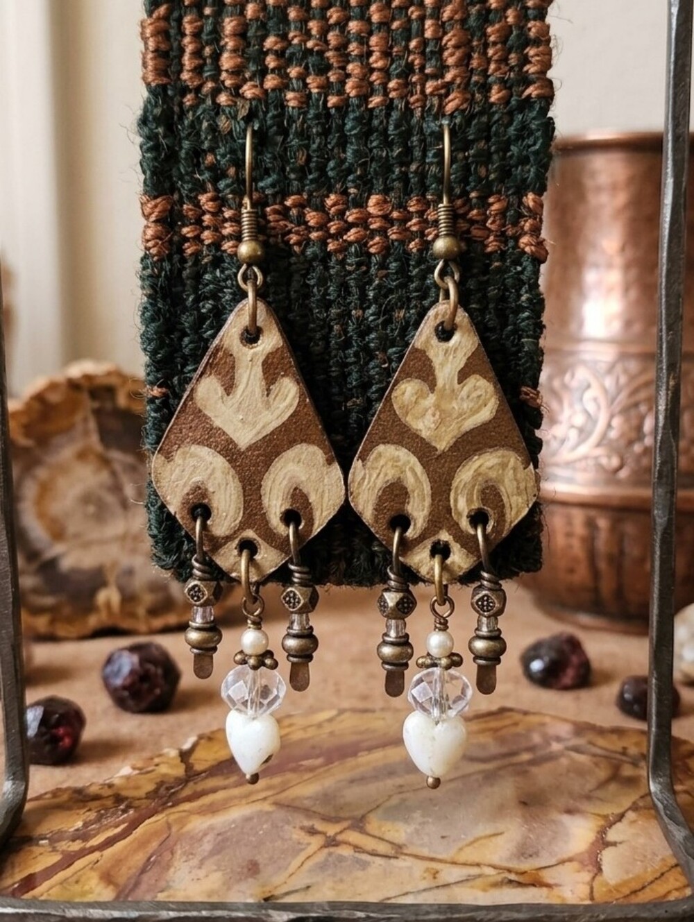 Boho Brown and Gold Patterned Teardrop Dangle Earrings